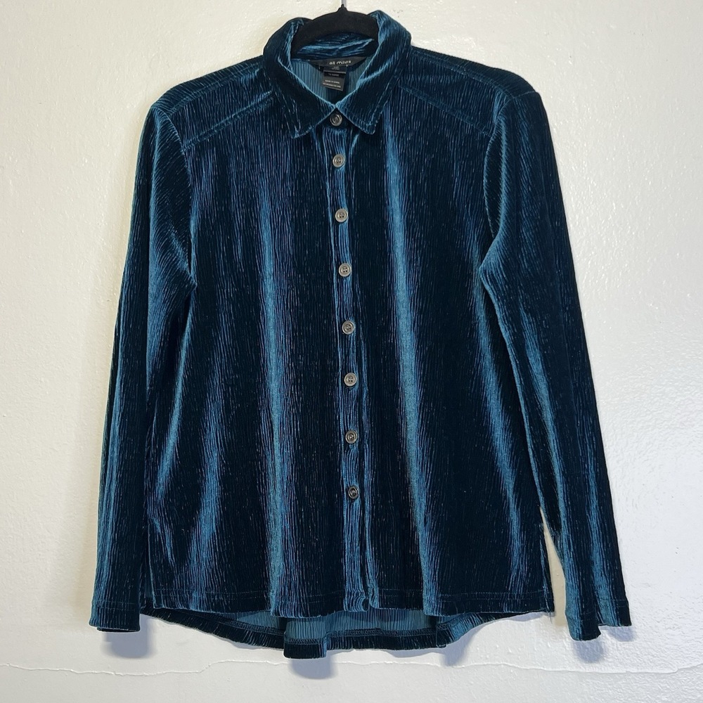Ali Miles Size MP Teal Velvet Blouse Top Long Sleeves Textured Career